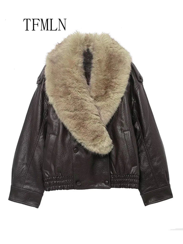 TFMLN 2025 Winter Women Loose Faux Leather Jacket Fashion Removed Big Fur Collar Causal Coat High Street Double Breasted Outwear
