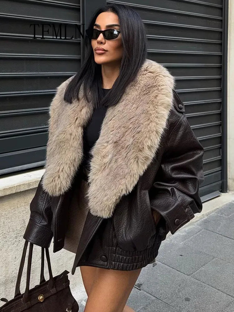 TFMLN 2025 Winter Women Loose Faux Leather Jacket Fashion Removed Big Fur Collar Causal Coat High Street Double Breasted Outwear