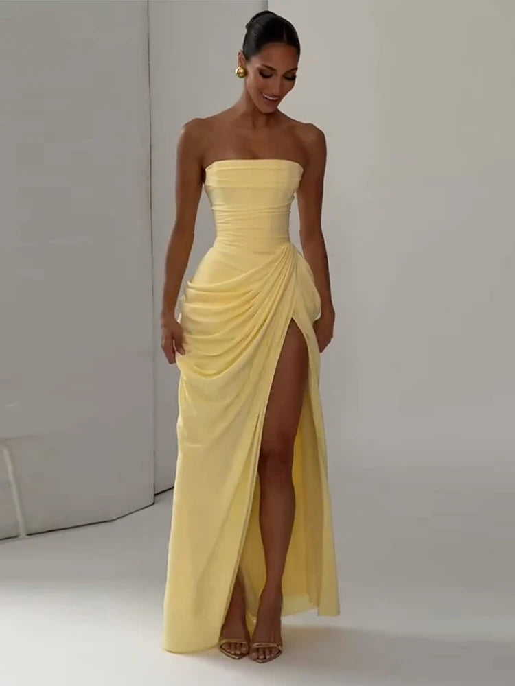 Elegant Strapless Women's Dresses Sleeveless Waist Cinching Pleated Split Party Dress 2026 Spring Trendy Female Fashion Robes