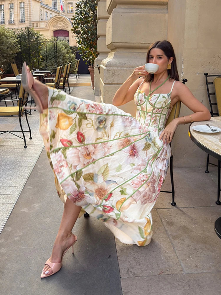 Elegant Printed Spaghetti Strap Maxi Dresses Women Slim Sleeveless Waist-cinching Full-skirt Dress 2026 New Ladies Party Outfit