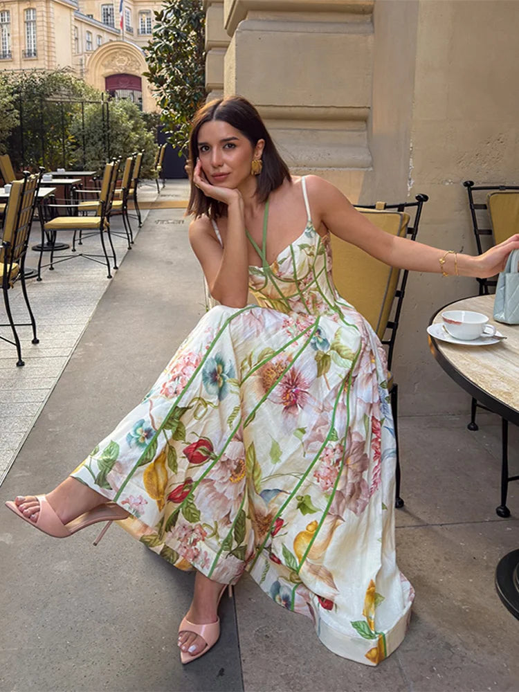 Elegant Printed Spaghetti Strap Maxi Dresses Women Slim Sleeveless Waist-cinching Full-skirt Dress 2026 New Ladies Party Outfit