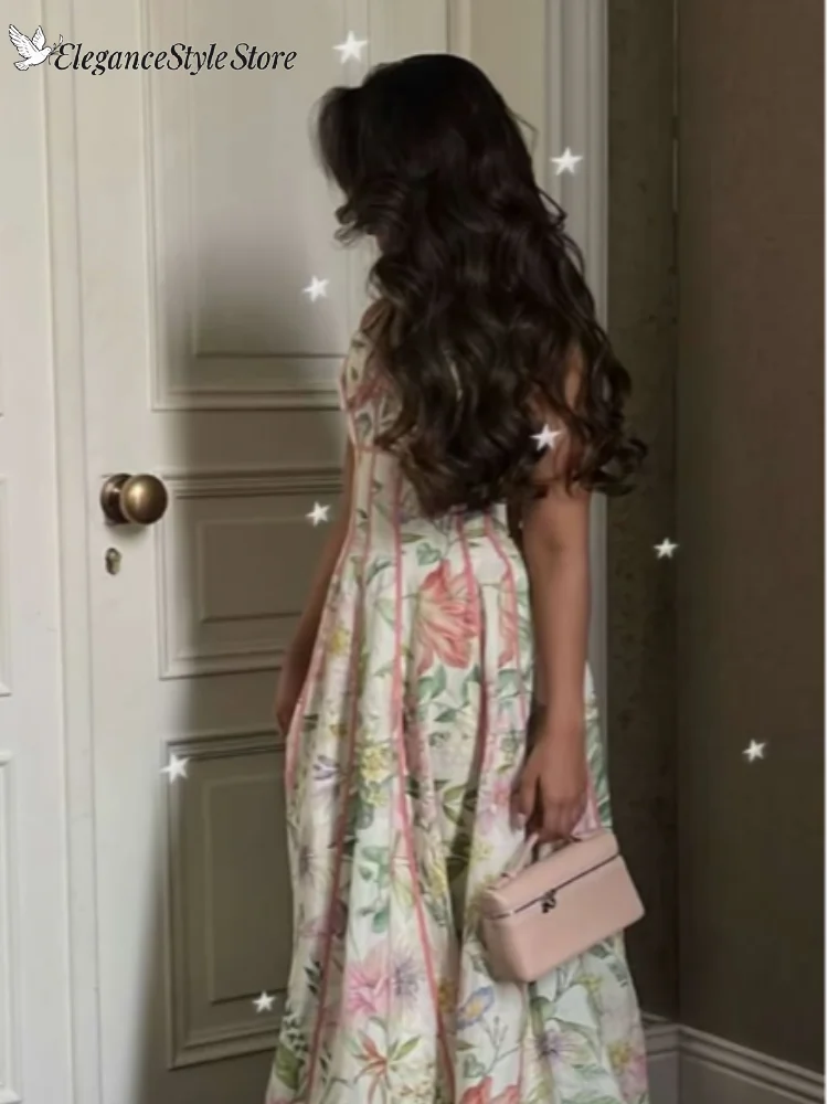 Elegant Printed Spaghetti Strap Maxi Dresses Women Slim Sleeveless Waist-cinching Full-skirt Dress 2026 New Ladies Party Outfit